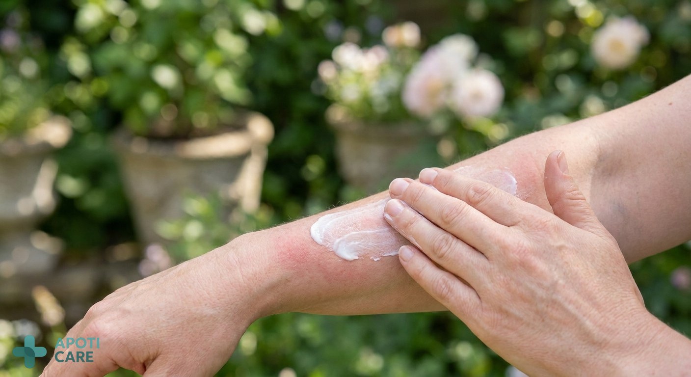 Close-up of a person's hands applying a soothing cream to an irritated forearm, outdoors in a garden setting, shallow depth of field.