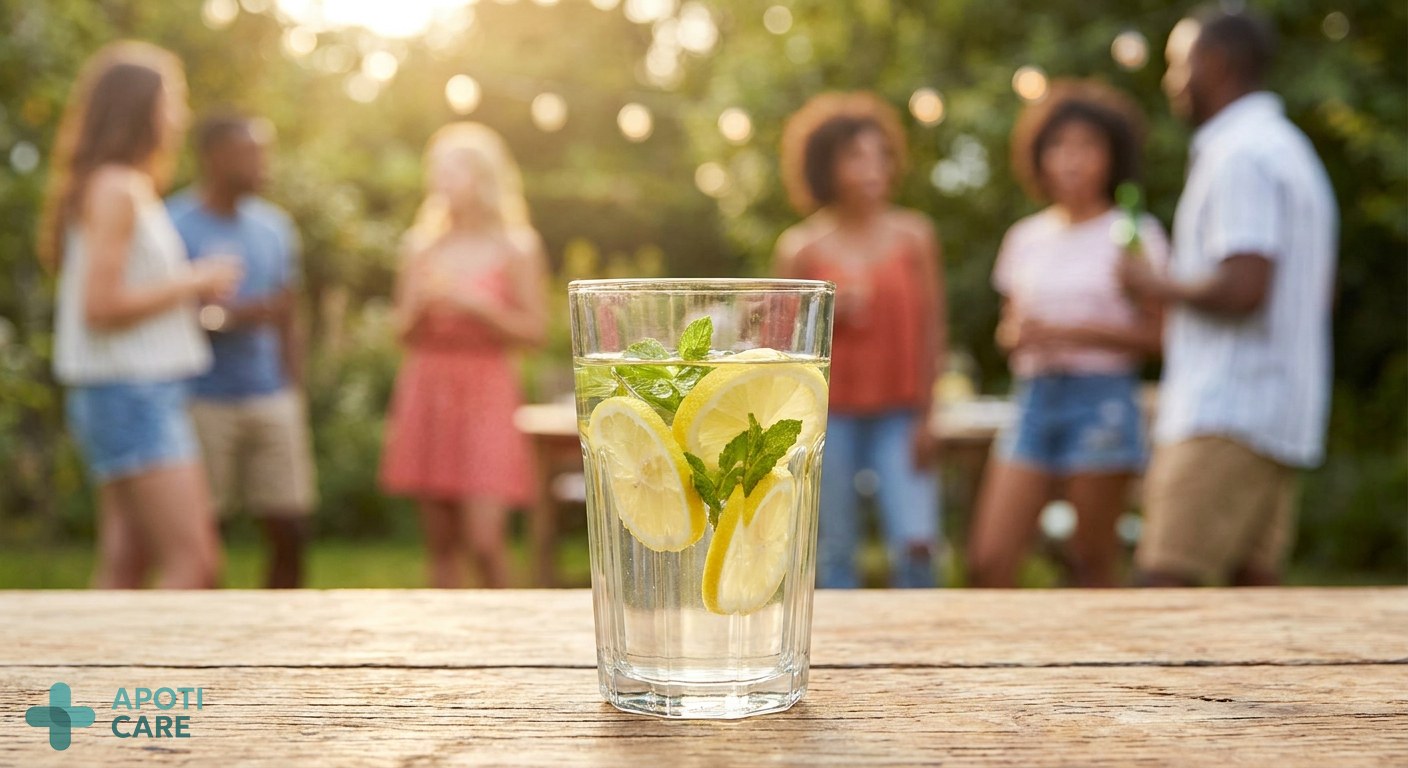 Close-up of a glass of infused water with mint and lemon on a wooden table, blurry festive background with people, warm natural summer light.