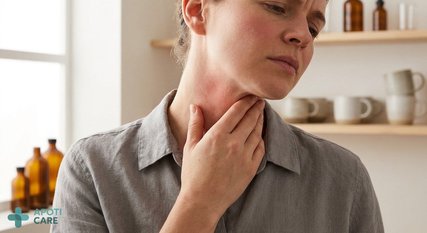 Close up of a person's neck and throat in soft natural light, highlighting a sense of irritation or the need for soothing, realistic photography