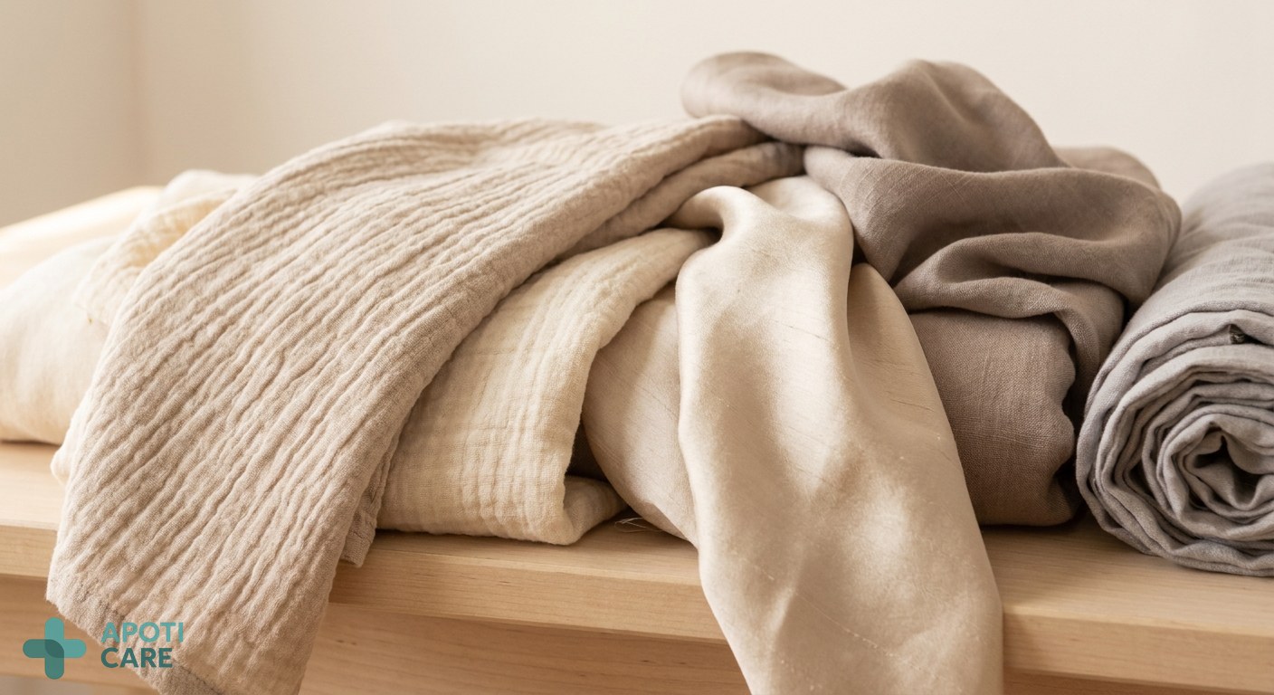 Close-up of high-quality cotton and silk fabrics in neutral tones, soft textures, professional lighting, realistic photography style.