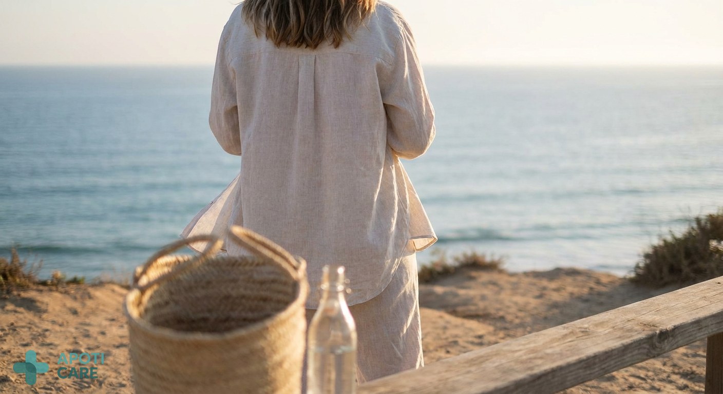 A person from behind, looking at a calm ocean horizon, relaxed shoulders, soft summer clothing, focus on the peaceful landscape.
