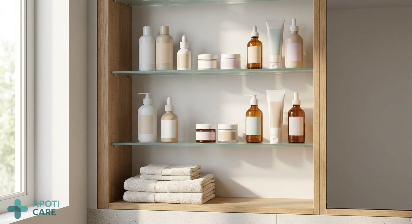 An organized medicine cabinet with various parapharmacy products, clean and bright aesthetic, focusing on safe storage and professional packaging