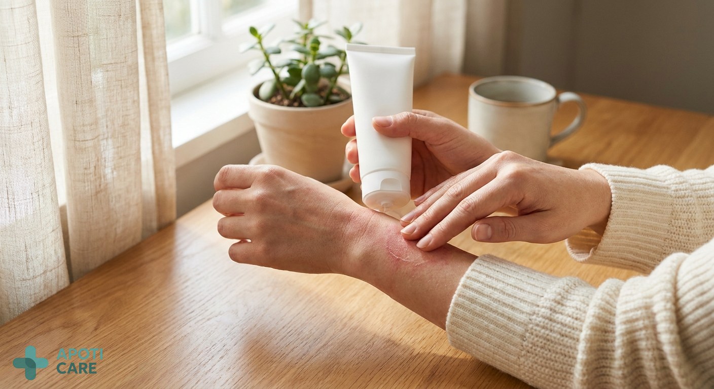 Close-up of a person's hands gently applying a soothing cream to an irritated patch of skin on their forearm, soft natural morning light coming through a window.