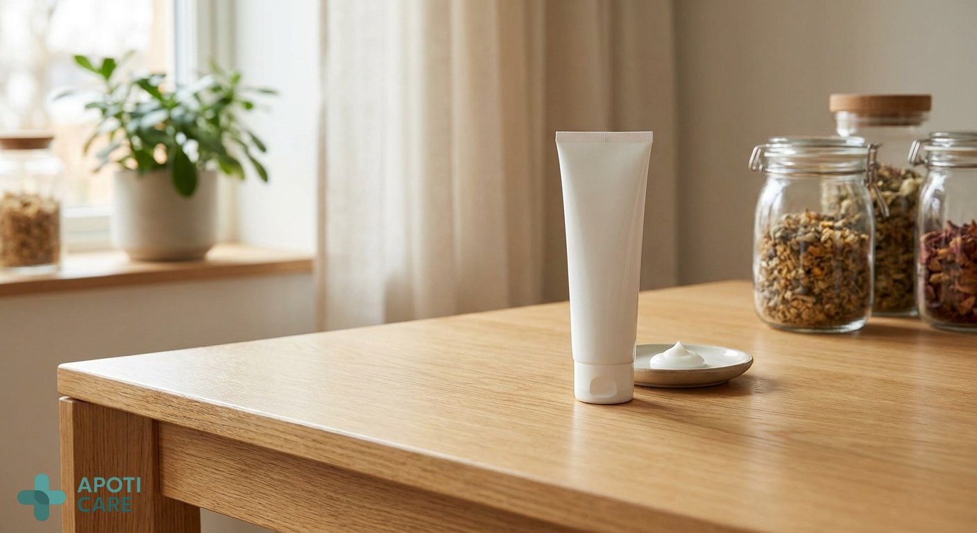 Close-up of a clean, clinical environment with a tube of dermatological cream on a wooden table, soft natural light, professional and reassuring atmosphere
