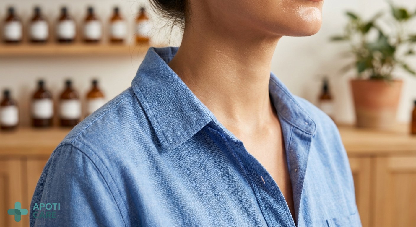 Close-up of a professional person's neck area, showing a clean, healthy skin texture, wearing a high-quality cotton shirt, emphasizing skin care and professional appearance.