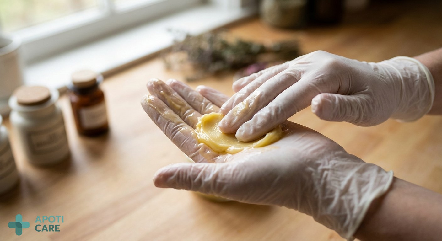 Close-up of rich botanical butter being melted in palms, soft focus, natural lighting, highlighting the texture and sensory aspect.
