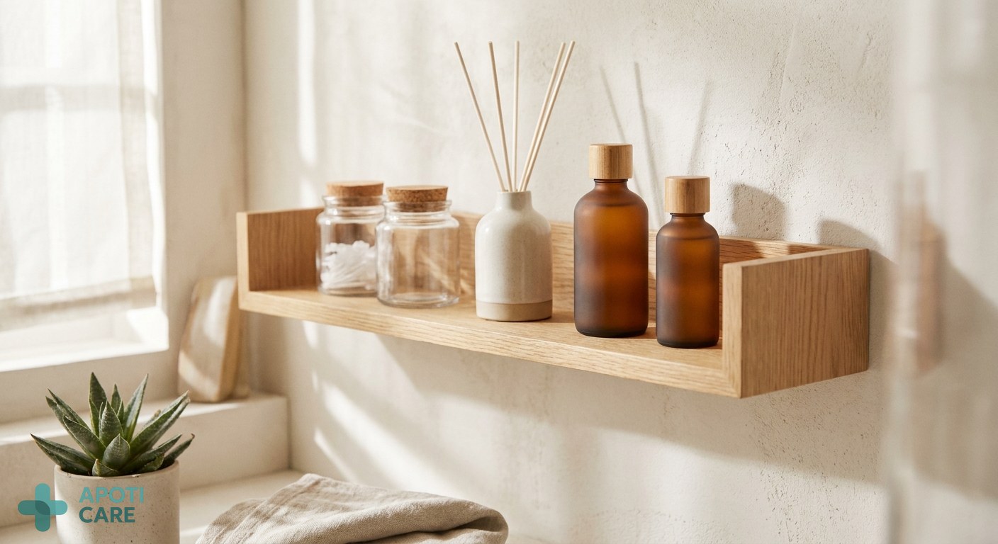 Minimalist bathroom shelf with a few high-quality skincare and wellness products, soft natural morning light, sustainable materials like glass and wood, realistic photography style