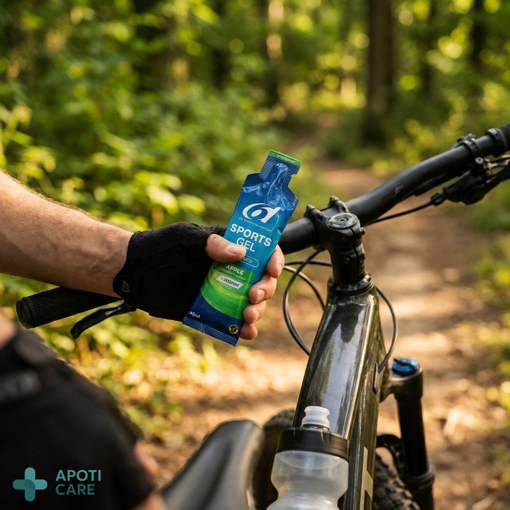Close up of a person's hand holding a convenient sports gel during a break on a mountain bike trail, blurred green nature background, high quality outdoor photography