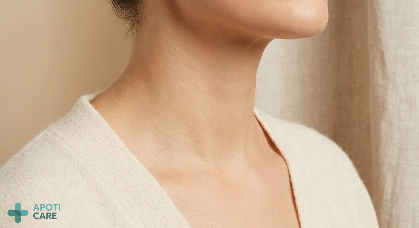 Close-up of healthy, smooth skin on a neck area, professional lighting, soft focus background, emphasizing skin health and purity.