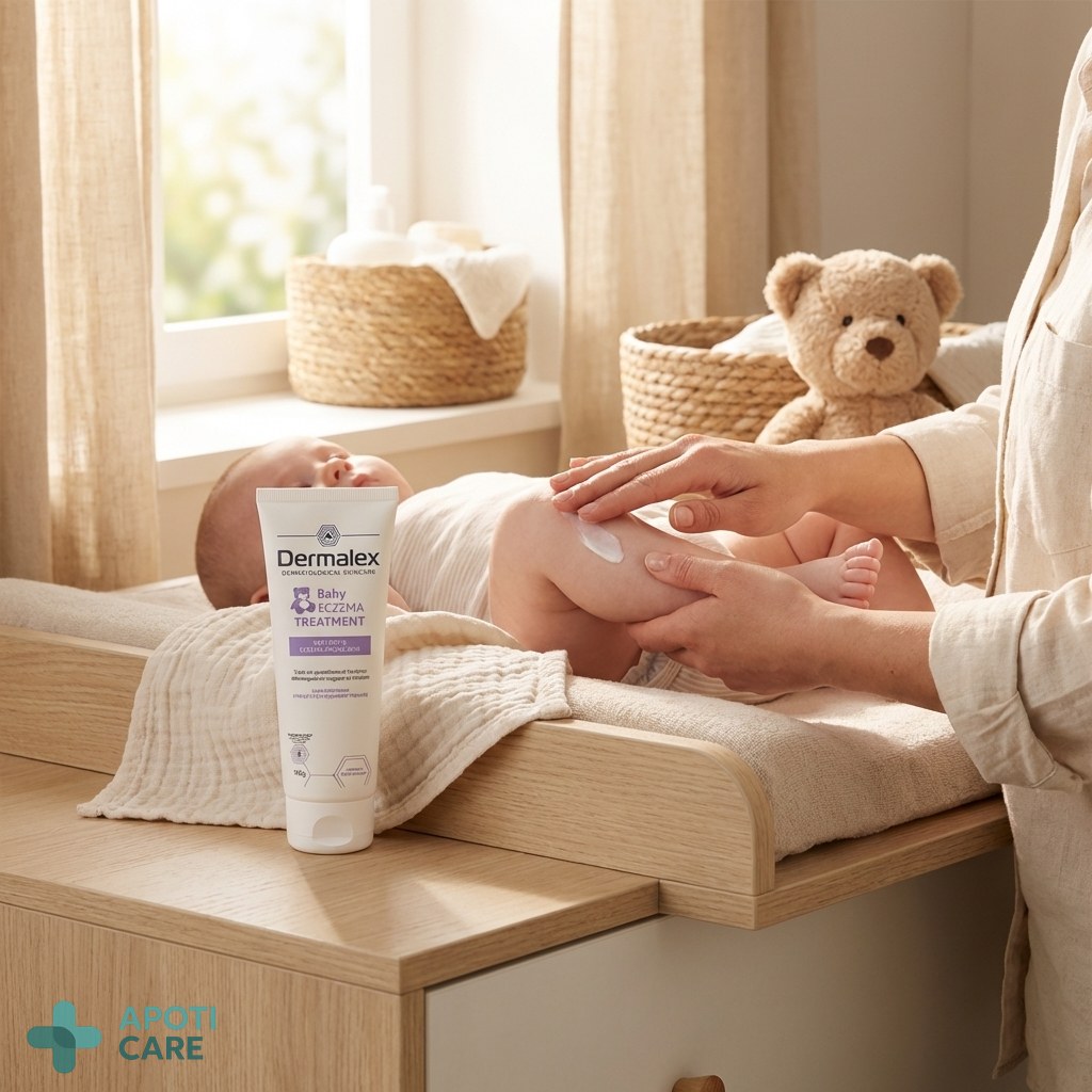 A parent gently applying cream to a baby's leg, soft morning light, clean and premium nursery environment, realistic photography.