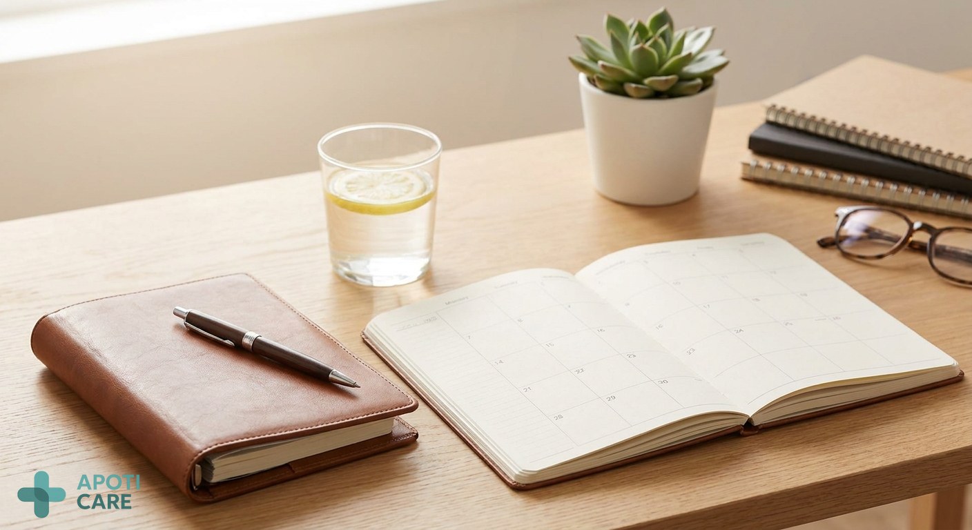 Close-up photography of an organized desk with a calendar, a high-end planner, and a small glass of water, emphasizing a structured and healthy professional lifestyle.