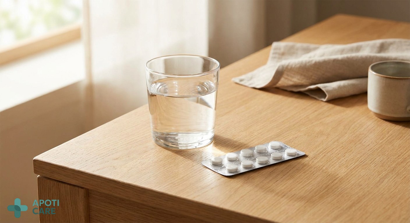 A close-up of a glass of water and a blister pack on a clean wooden table, soft morning light, clinical but domestic atmosphere, high quality photography.