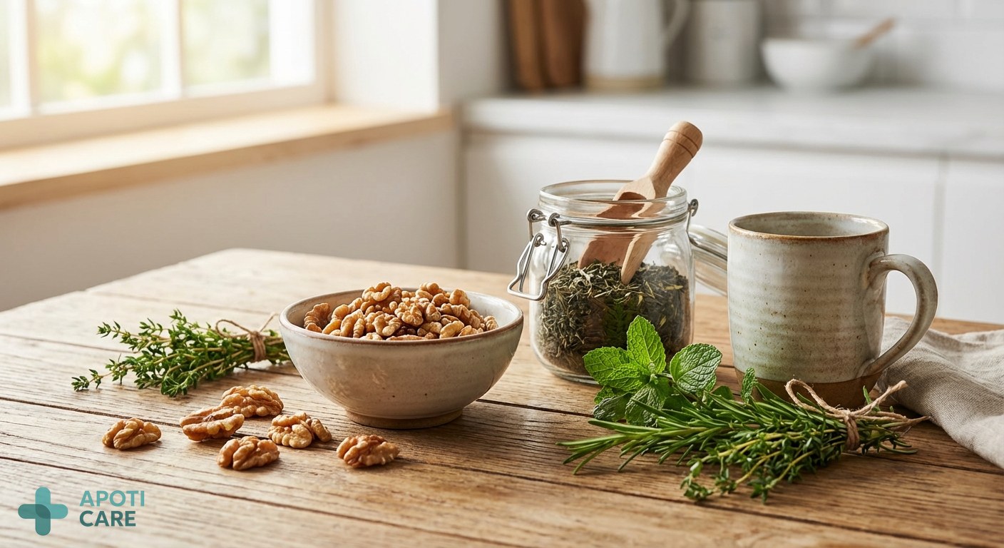 Close-up of healthy, natural food ingredients like walnuts, green tea, and fresh spring herbs on a wooden table, soft morning light.