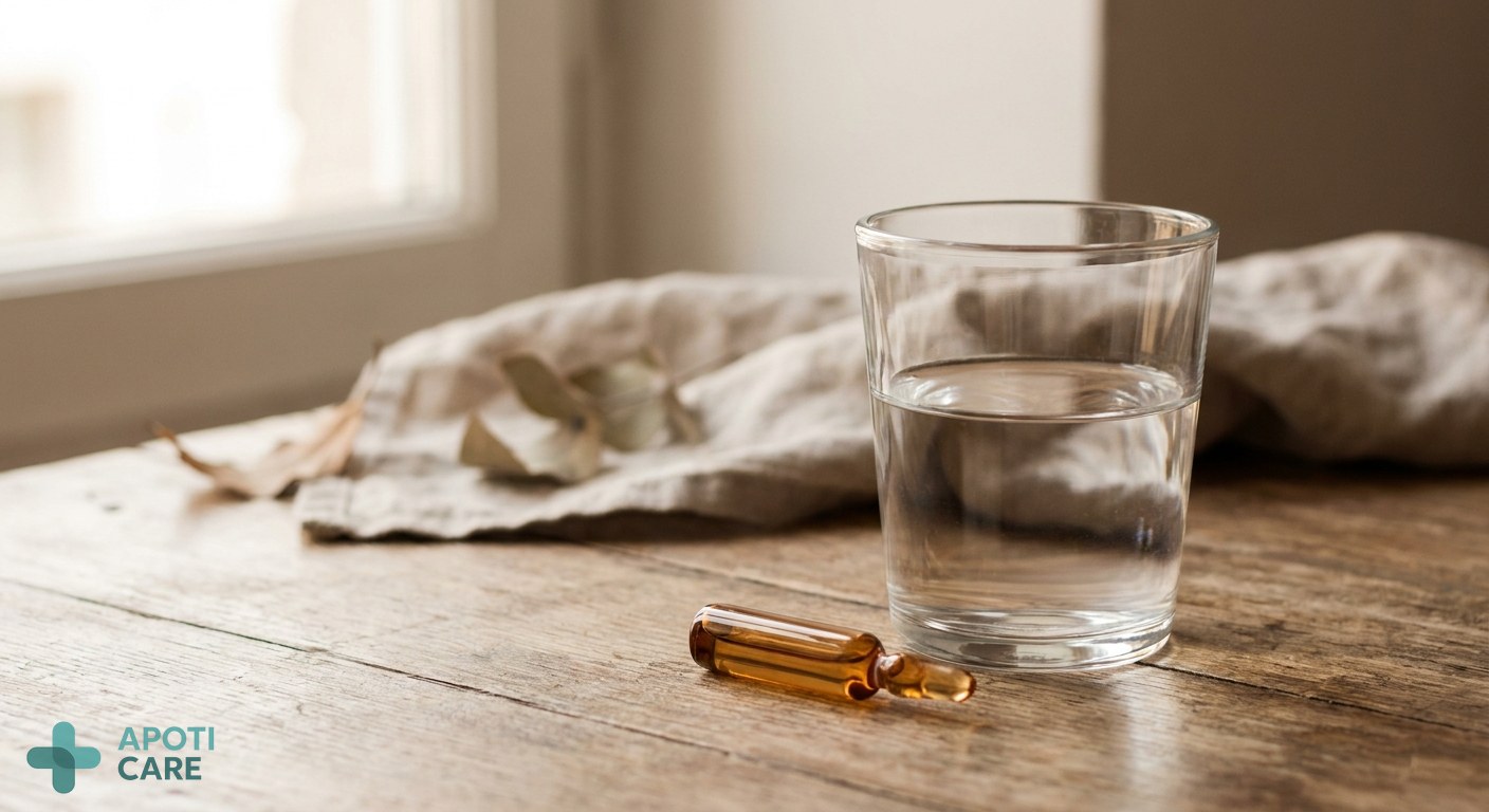 Close-up of a glass of water on a wooden table with a small medical ampoule next to it, soft morning light, professional and clean atmosphere