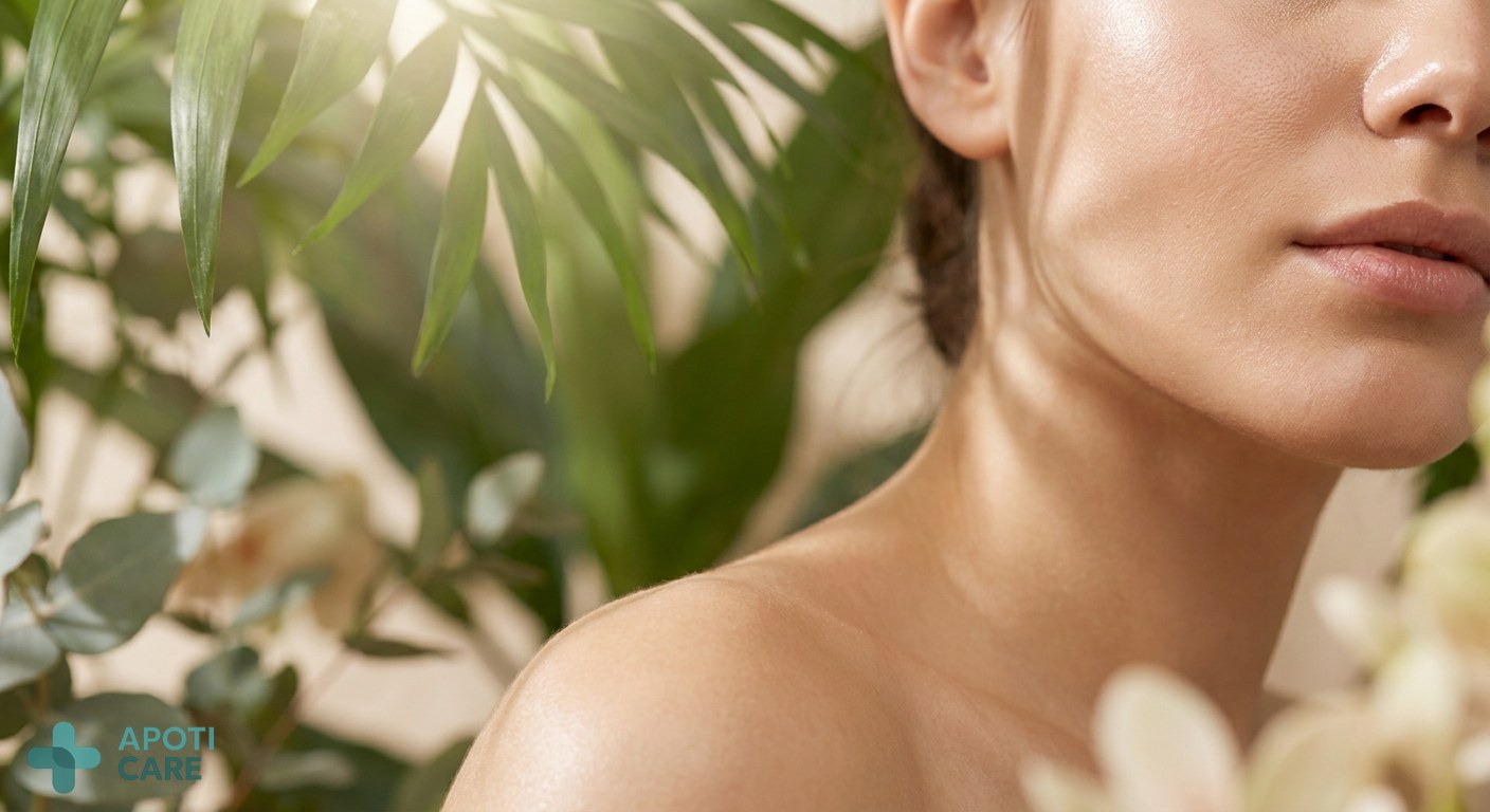 Close-up of healthy skin texture with sunlight filtering through green leaves, evoking a sense of dermatological protection and purity.