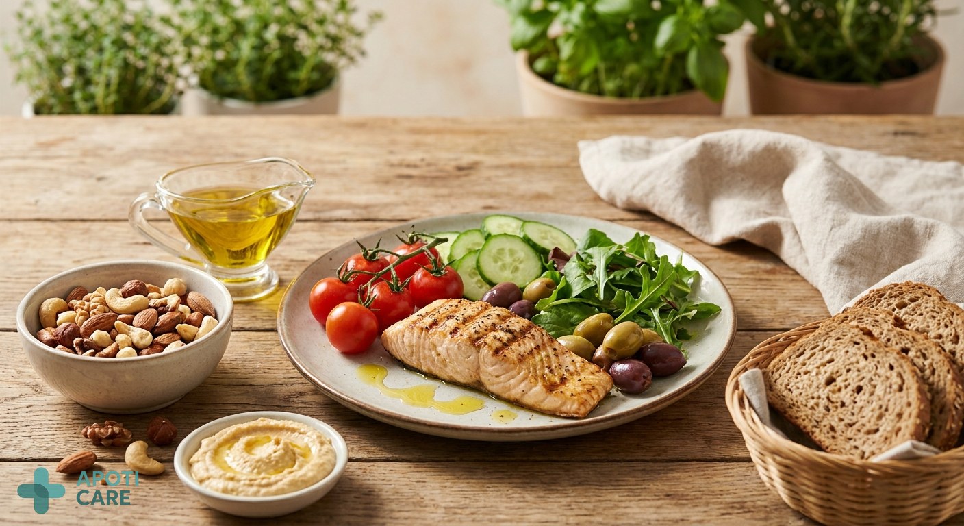 Close-up of a healthy mediterranean-style lunch on a wooden table, emphasizing fresh ingredients like olive oil, nuts, and colorful vegetables.
