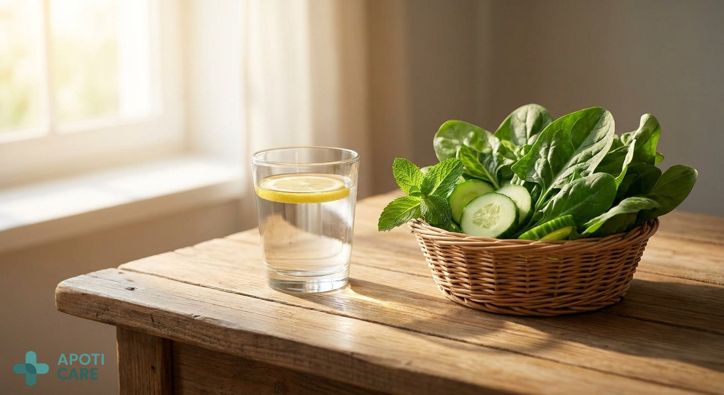 Close up of healthy fresh green vegetables and a glass of water on a wooden table, soft morning sunlight, representing health and digestive comfort, realistic photography style