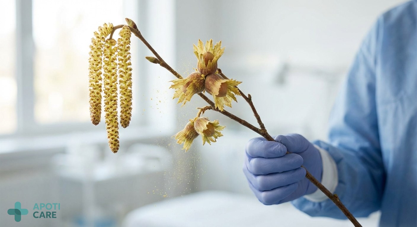 Close up of blooming spring flowers like birch or hazelnut trees with pollen visible, blurred background, professional medical photography style