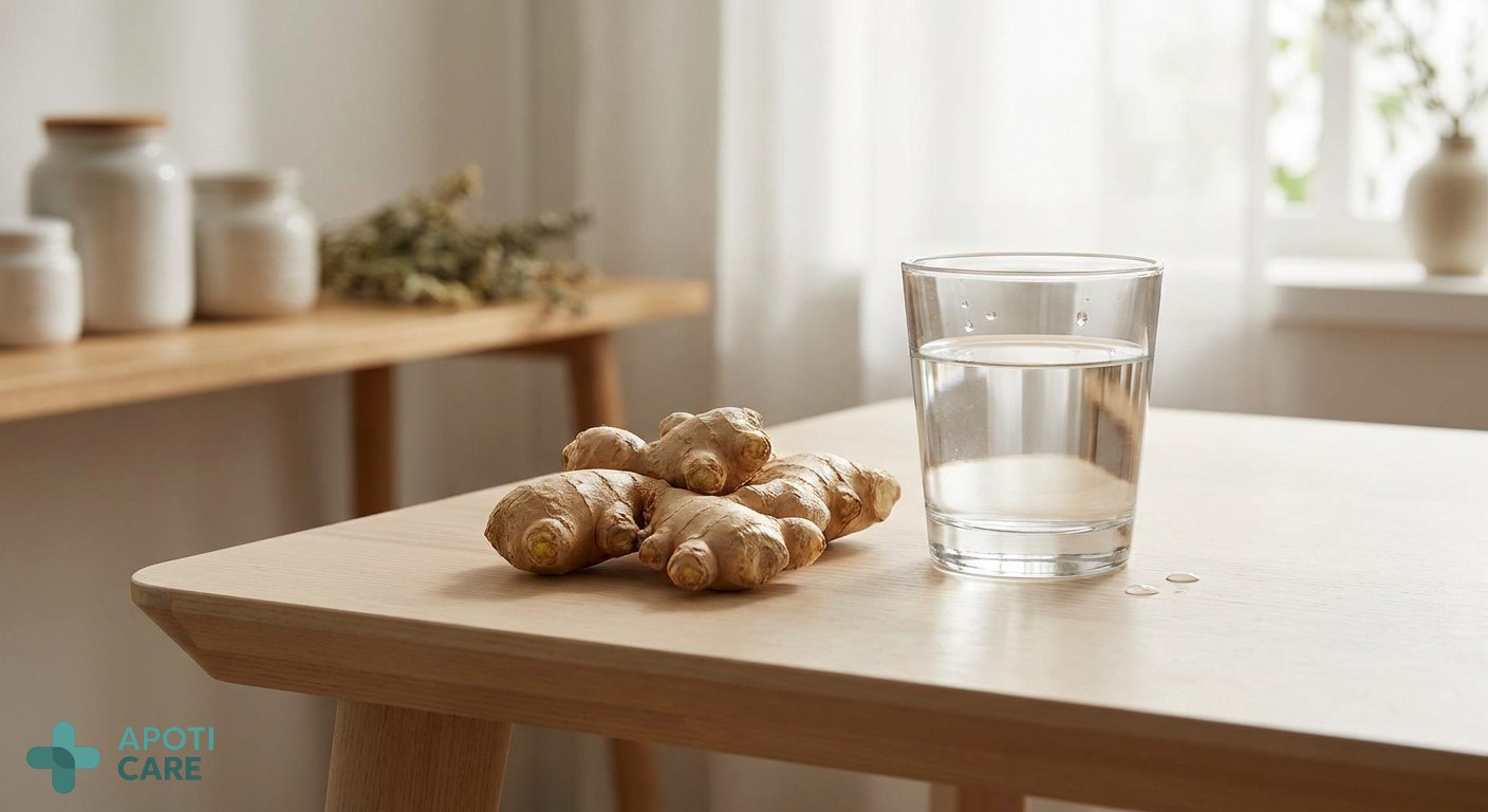 Close-up of fresh ginger root and a glass of water on a minimalist wooden table, symbolizing natural purity and health.