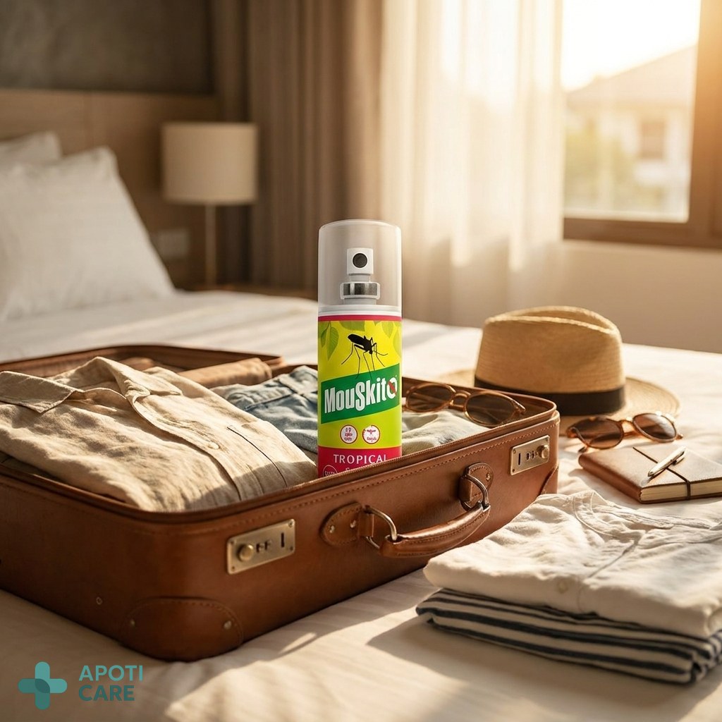 A professional traveler's open suitcase on a bed, showing summer clothes and a bottle of mosquito repellent spray, sunny vacation atmosphere