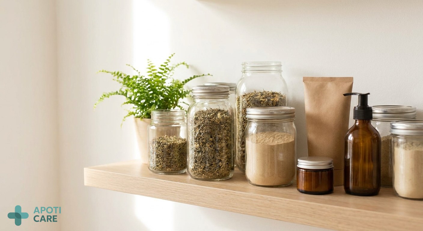 A clean, minimalist wooden shelf with a few glass jars, a small green plant, and eco-friendly personal care products, bright and airy atmosphere.