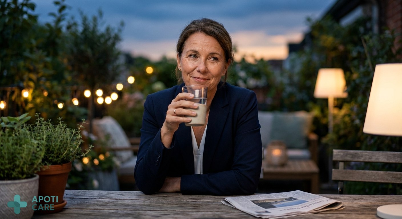 A professional adult sitting on a terrace at twilight, holding a glass of water, looking relaxed but tired, realistic photography.