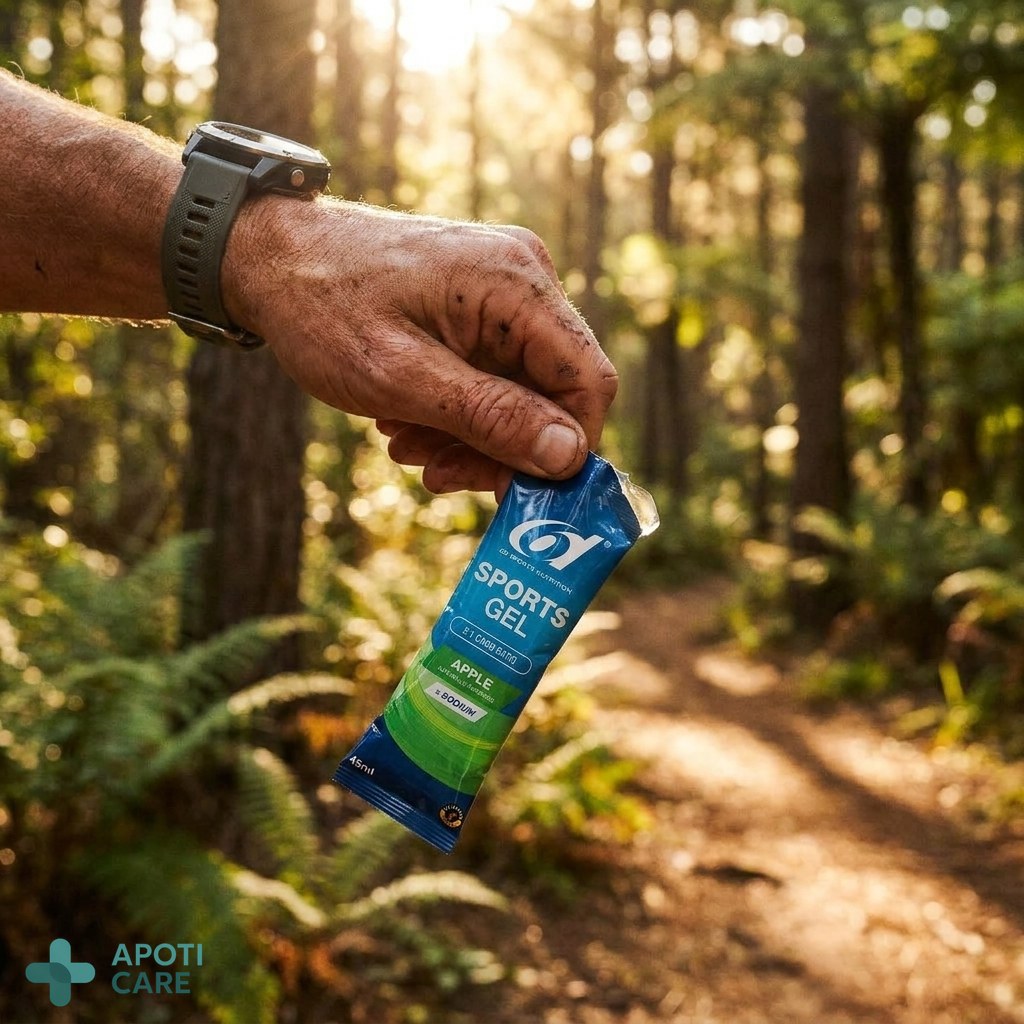 Close up of a high-quality energy gel being opened by a runner during a trail session in a forest, realistic photography, professional gear, no logos