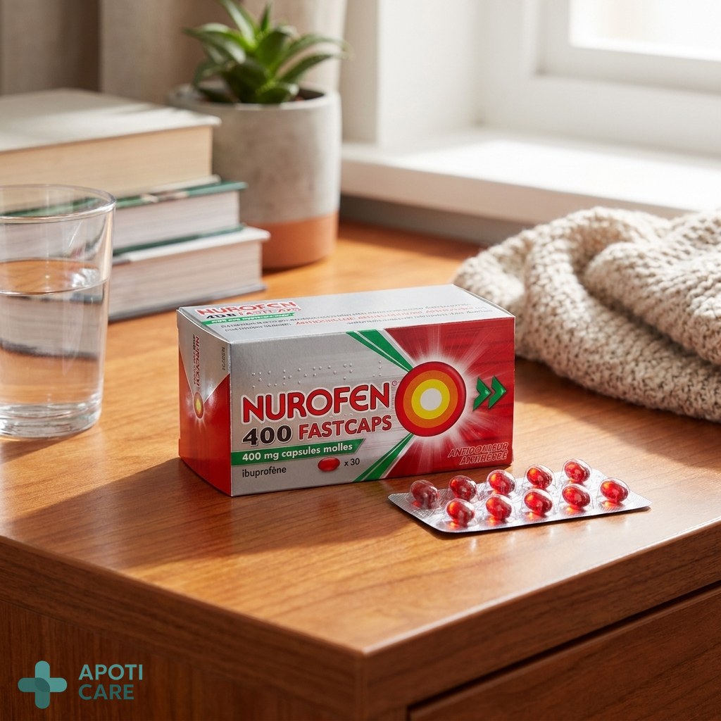 Close-up realistic photography of a glass of water and a blister pack of liquid capsules on a clean wooden desk, professional and medical aesthetic, soft focus background.