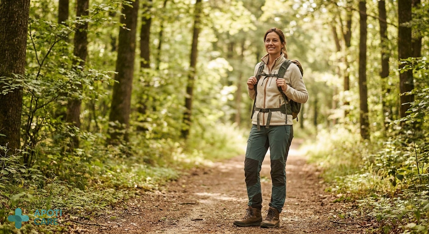A person hiking in a lush, green environment, looking relaxed, wearing outdoor gear, realistic style