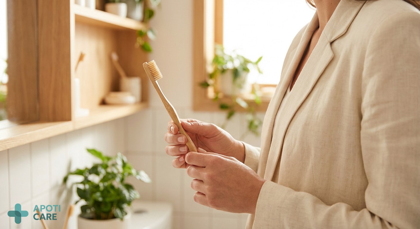 Close-up of a sustainable bamboo toothbrush held by a professional woman in a bright, modern bathroom.
