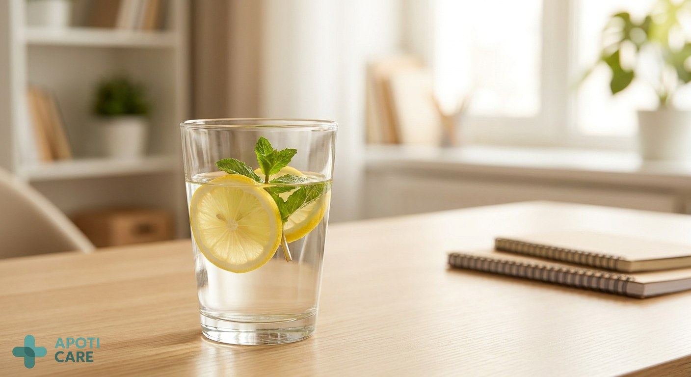Close-up of a glass of water with lemon and mint on a wooden desk, soft natural light, blurry office background, realistic photography style