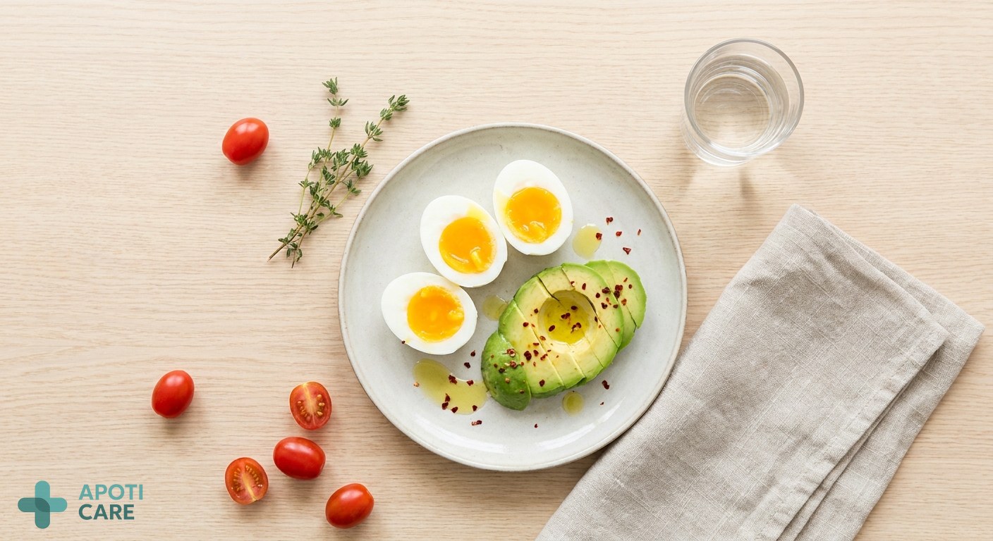 A clean, minimalist flatlay of a healthy Mediterranean breakfast with eggs, avocado, and a small glass of water, bright morning light