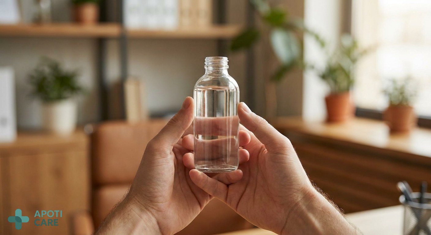 Close-up of clean, healthy hands holding a small transparent bottle, professional office setting in the background, soft bokeh, realistic photography style