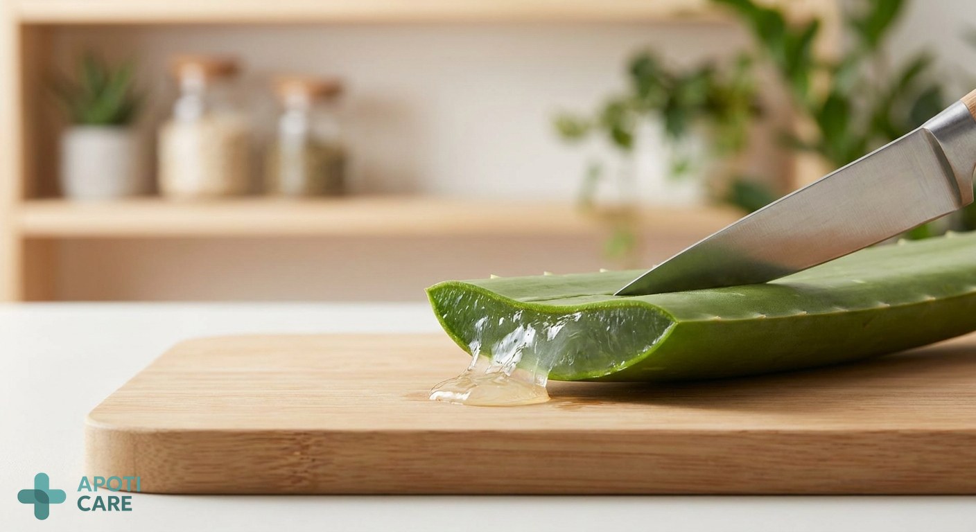 Close-up of an Aloe Vera leaf being cut, showcasing the transparent gel inside, natural lighting, fresh and clean aesthetic.