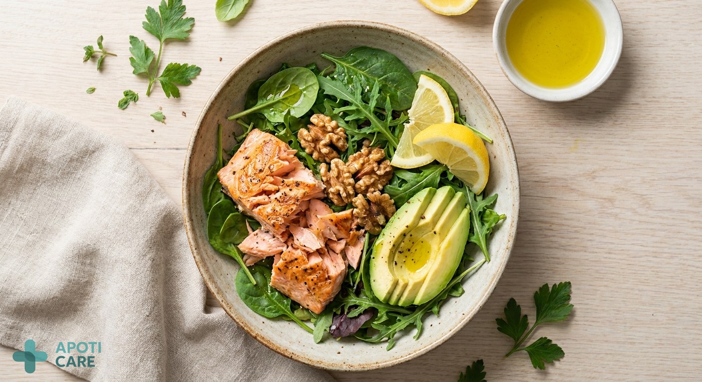 A high-quality overhead shot of a healthy Mediterranean-style meal featuring grilled salmon, walnuts, avocado, and green leafy vegetables.