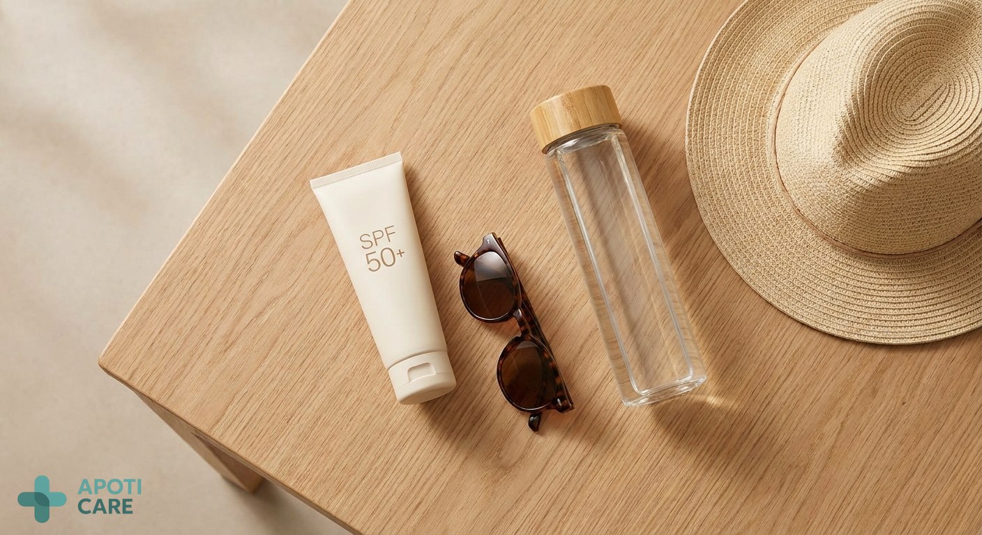 A flat lay of essential summer items: a high-quality sun cream tube, elegant sunglasses, a reusable water bottle, and a straw hat on a wooden table, soft natural lighting