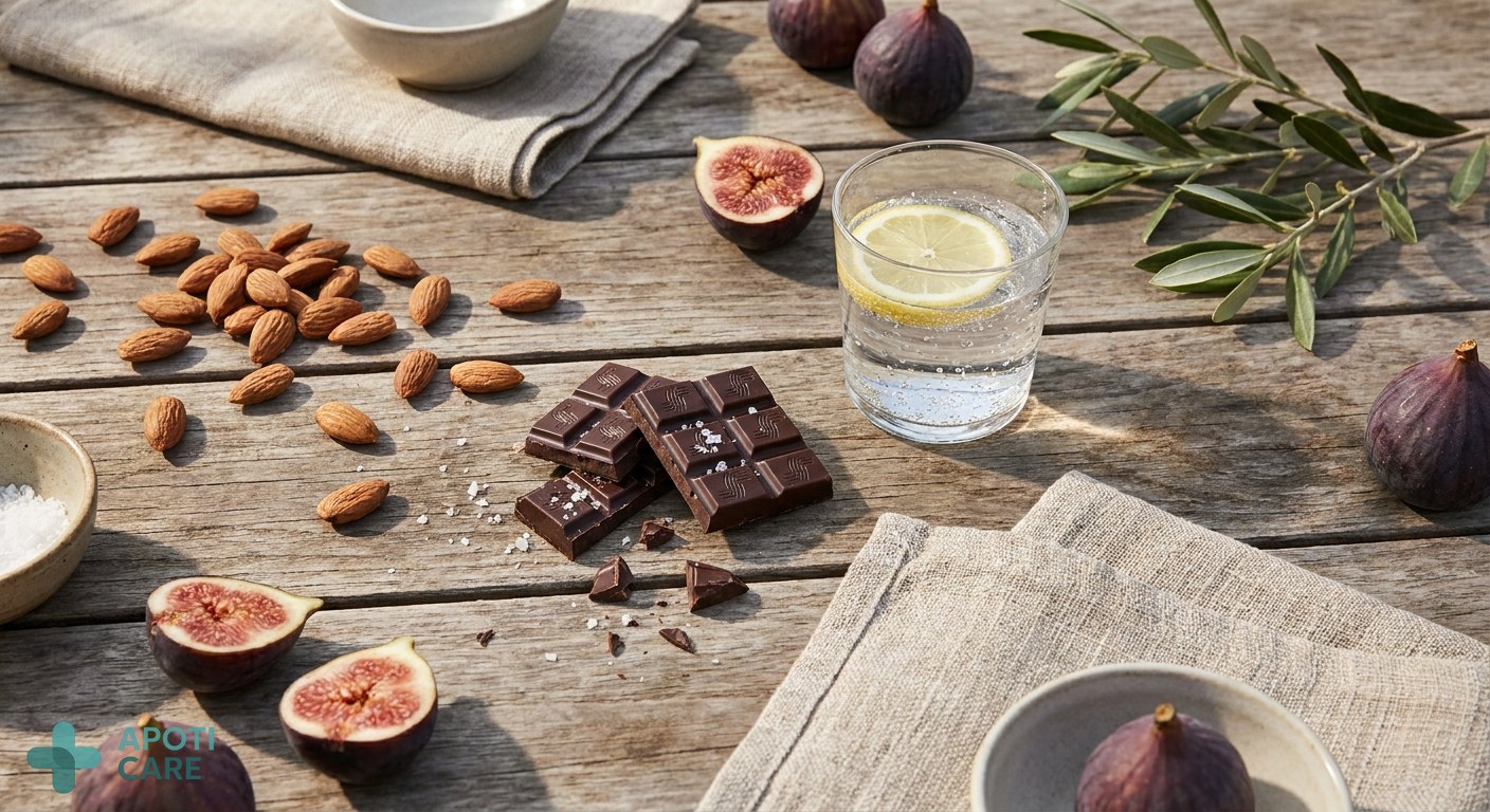A flat lay of healthy summer foods, including almonds, dark chocolate, fresh figs, and a glass of mineral water on a wooden table outdoors.