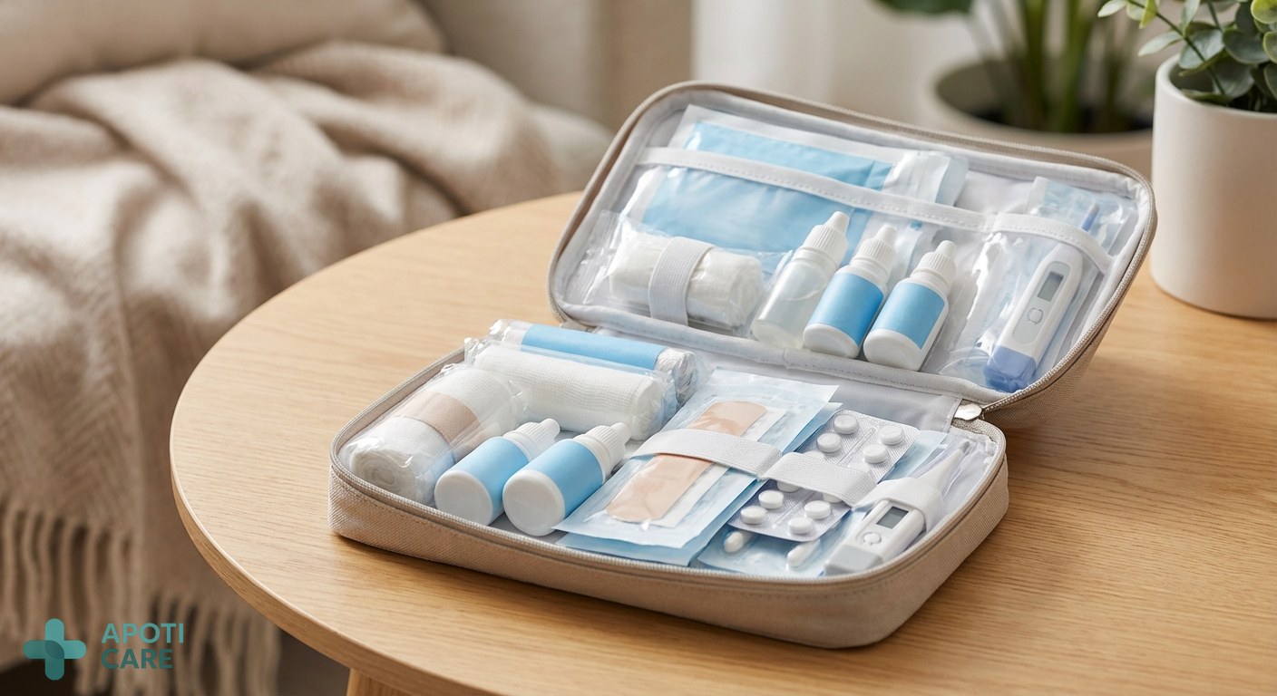Close-up of a clean, organized home first-aid kit with sterile medical supplies, focus on professional packaging, soft blue and white tones, realistic photography