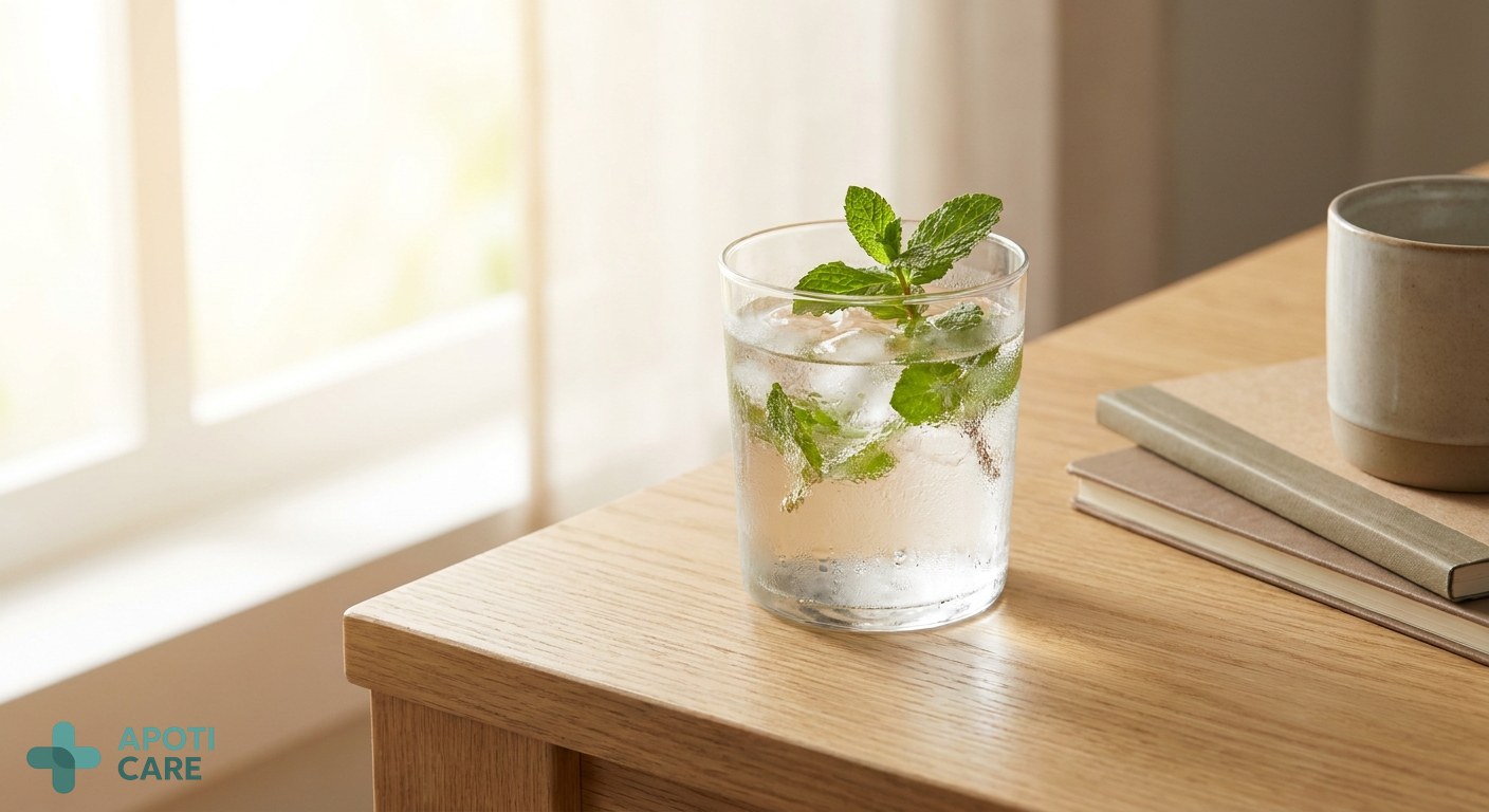 Close-up of a glass of refreshing water with ice and mint on a wooden desk next to some notebooks, soft natural lighting