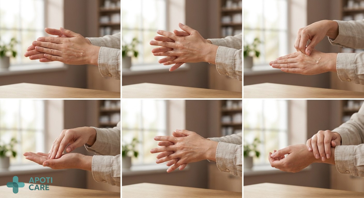A person's hands performing the 6 steps of professional hand rubbing technique, clear focus on the fingers and palms, soft natural morning light.
