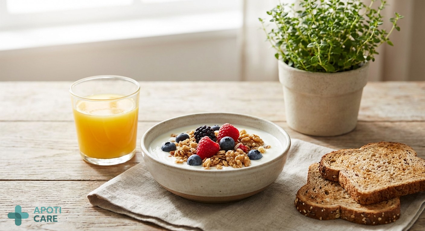 A healthy balanced breakfast with fresh fruits and nuts, shot in a realistic lifestyle photography style