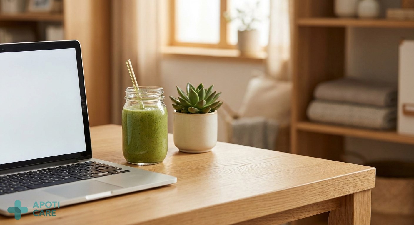 Close-up of a wooden desk with a laptop, a healthy green smoothie, and a small plant, soft focus background, professional and serene atmosphere, realistic photography style