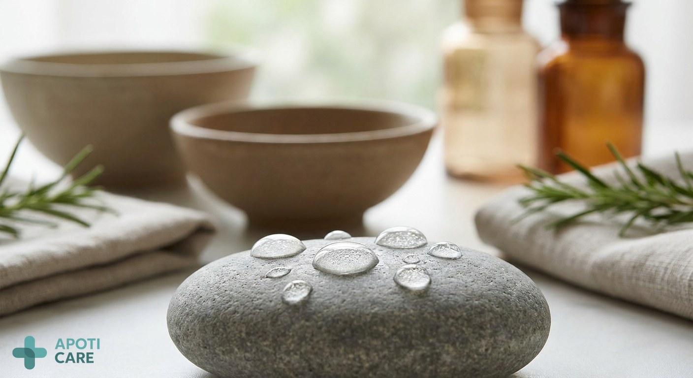 Close-up of clear, sparkling thermal water droplets on a smooth stone surface, emphasizing purity, minerals, and hydration.