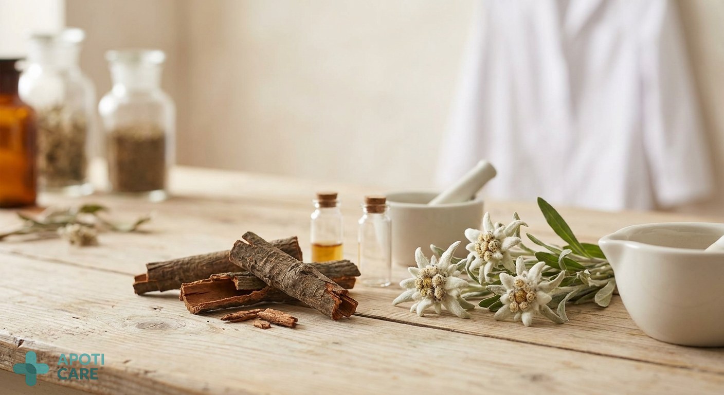 Macro shot of botanical ingredients like Cinchona bark and Edelweiss flowers on a clean, laboratory-style wooden table, professional apothecary aesthetic
