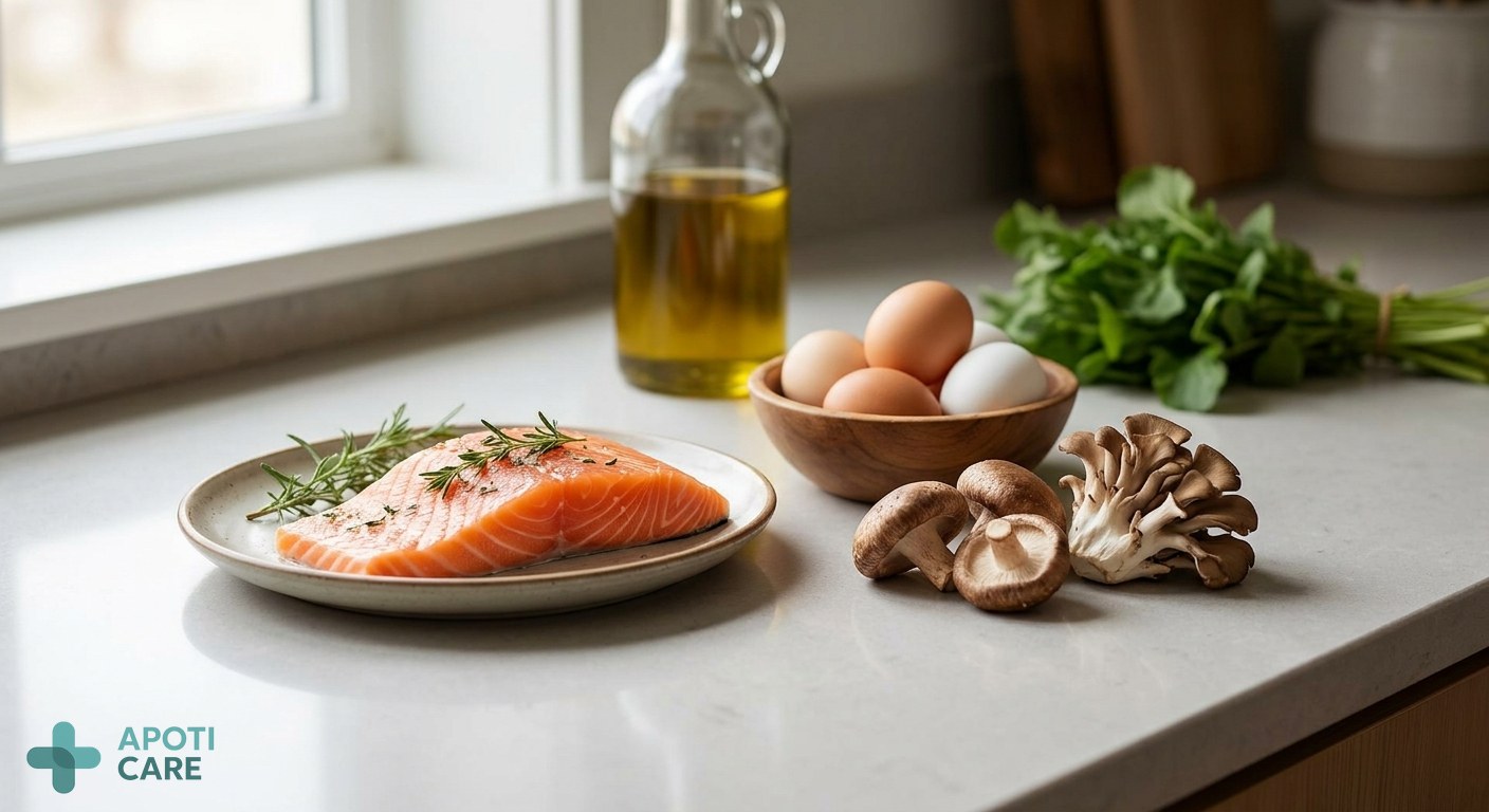 Close-up of healthy food items rich in vitamin D, such as fatty fish, eggs, and mushrooms, on a clean modern kitchen counter, realistic photography style