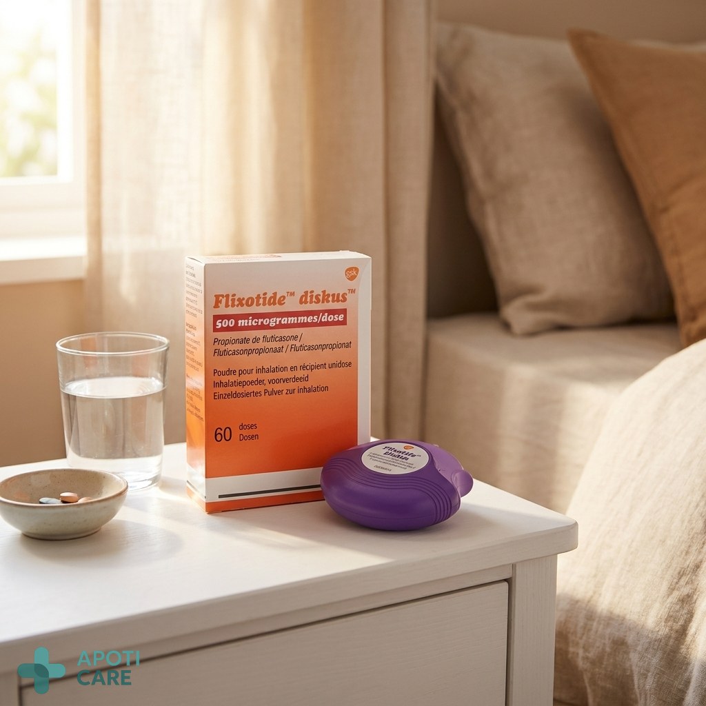 Close-up of a modern dry powder inhaler device on a clean white wooden bedside table next to a glass of water, soft morning light