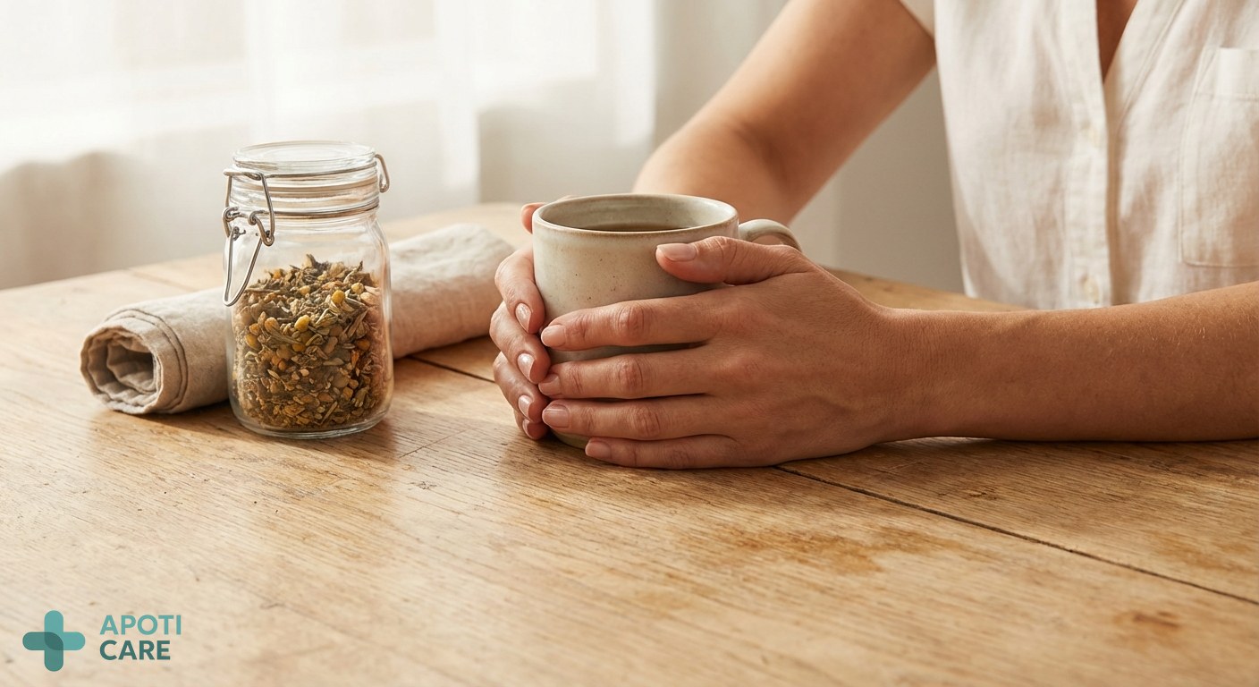 Close-up of clean, healthy-looking hands resting on a wooden surface, natural lighting, serene and professional atmosphere, realistic photography