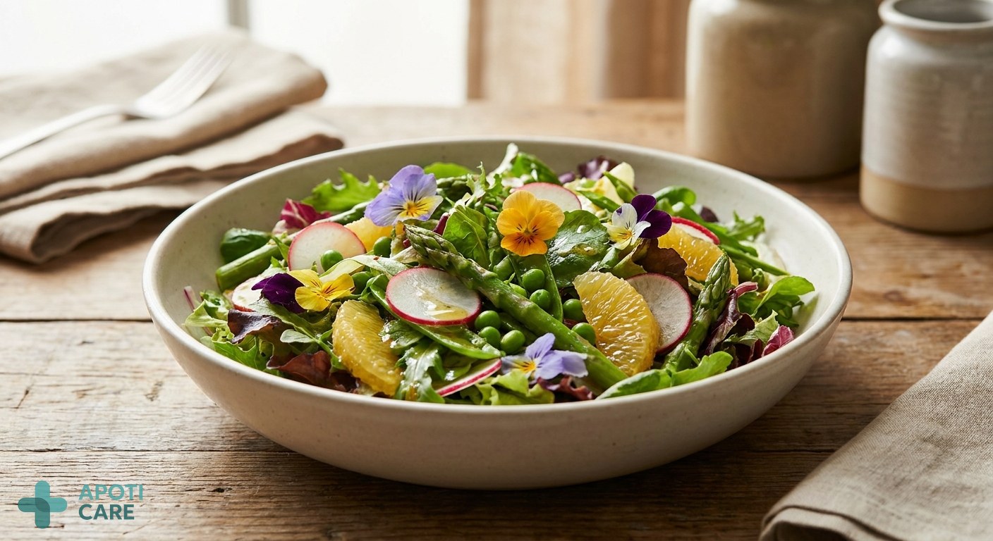 Close-up of a healthy, colorful spring salad with light ingredients, representing a balanced seasonal diet for good digestion.