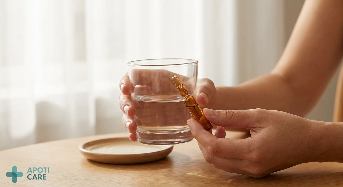 Close up of a person's hands holding a glass of water and a small medicinal ampoule, bright morning light filtering through a window, clean and premium atmosphere.