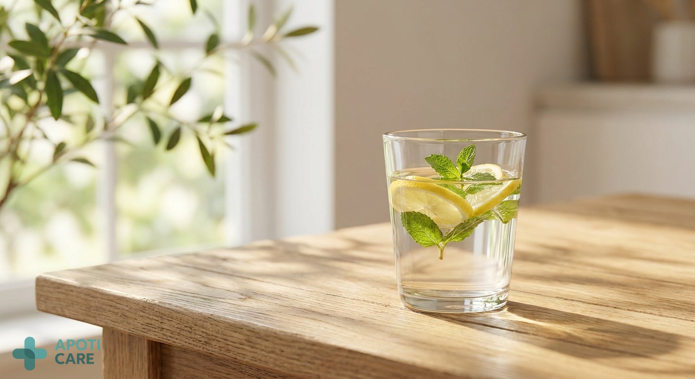 Close-up of a glass of water with lemon slices and fresh mint on a wooden table, sunlight filtering through leaves, symbolizing summer hydration and freshness.